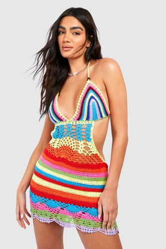 Womens Multi Stripe Crochet Beach Mini Dress - - M - boohoo - Modalova