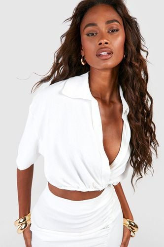 Womens Linen Look Wrap Front Cropped Shirt - - 12 - boohoo - Modalova