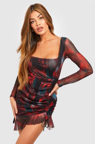 Womens Abstract Floral Rouched Mesh Mini Dress - - 16 - boohoo - Modalova