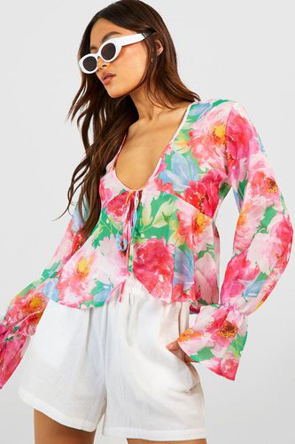 Womens Floral Print Flared Cuff Peplum Tie Blouse - - 10 - boohoo - Modalova
