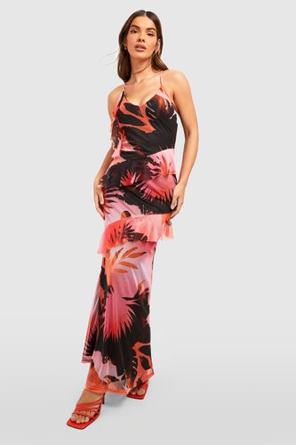 Womens Abstract Palm Print Ruffle Mesh Maxi Dress - - 8 - boohoo - Modalova