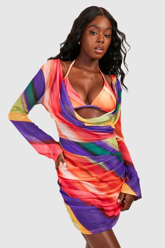 Womens Abstract Stripe Cowl Neck Mesh Beach Dress - - M - boohoo - Modalova