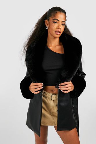 Womens Faux Fur Trim Faux Leather Jacket - - 12 - boohoo - Modalova