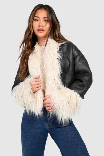 Womens Faux Fur Trim Leather Jacket - - 12 - boohoo - Modalova