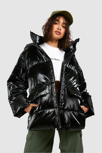 Womens Metallic Oversized Hooded Puffer Jacket - - 12 - boohoo - Modalova
