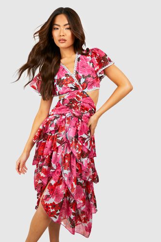 Womens Floral Cut Out Ruffle Midi Dress - - 14 - boohoo - Modalova