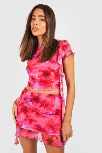Womens Floral Mesh Ruffle Detail Top & Mini Skirt - - 10 - boohoo - Modalova