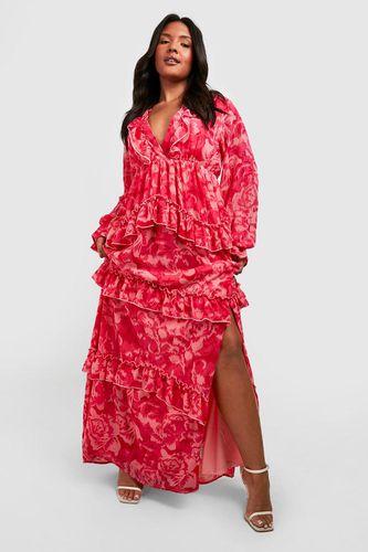 Womens Plus Floral Frill Plunge Ruffle Maxi Dress - - 22 - boohoo - Modalova