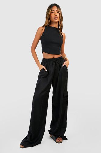 Womens Linen Wide Leg Cargo Trousers - - 14 - boohoo - Modalova