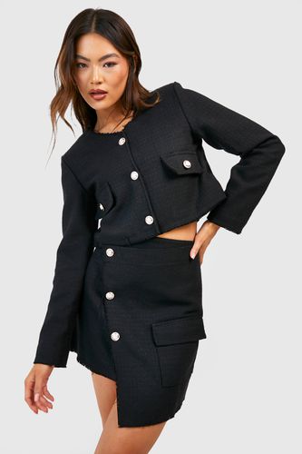 Womens Tweed Button Front Frayed Edge Asymmetric Mini Skirt - - 10 - boohoo - Modalova