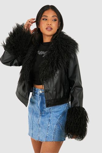 Womens Petite Faux Fur Trim Crop Pu Jacket - - 10 - boohoo - Modalova