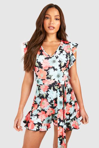 Womens Tall Floral Ruffle Plunge Belted Playsuit - - 10 - boohoo - Modalova
