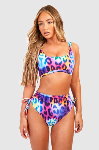 Womens Leopard Longline Scoop Bikini Top - - 10 - boohoo - Modalova