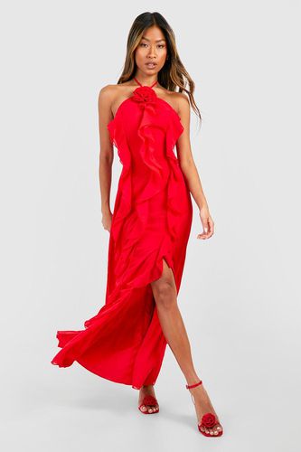 Womens Halterneck Rose Detail Ruffle Maxi Dress - - 16 - boohoo - Modalova