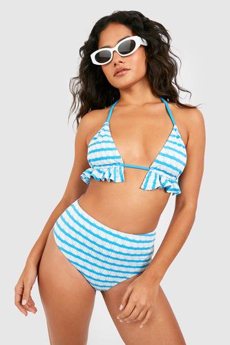 Womens Textured Stripe Ruffle Padded Triangle Bikini Set - - 10 - boohoo - Modalova