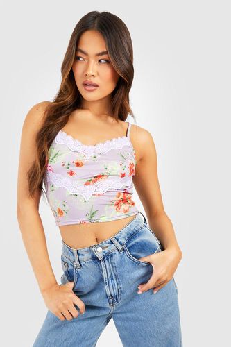 Womens Floral Contrast Lace Trim Strappy Cropped Cami - - 10 - boohoo - Modalova