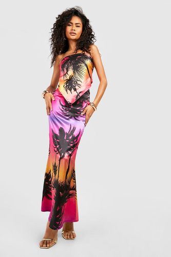 Womens Palm Print Satin Slip Maxi Skirt - - 10 - boohoo - Modalova