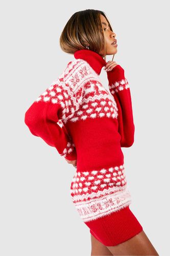 Womens Fluffy Knit Roll Neck Fairisle Christmas Jumper Dress - - L - boohoo - Modalova