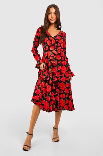 Womens Rose Print Ruffle Midi Smock Dress - - 10 - boohoo - Modalova