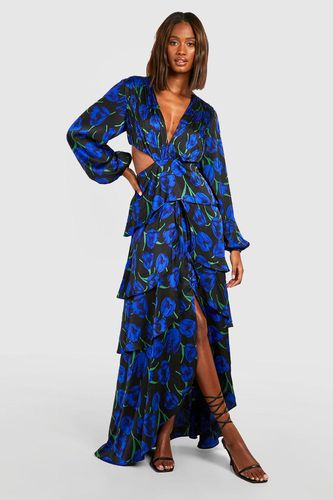 Womens Satin Floral Ruffle Cut Out Maxi Dress - - 8 - boohoo - Modalova