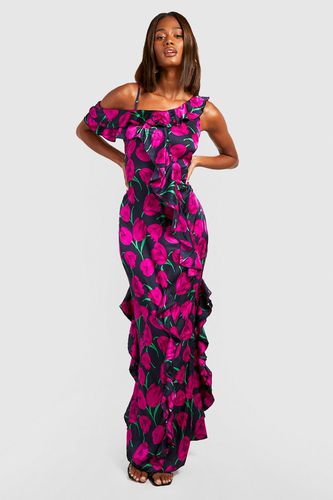 Womens Satin Ruffle Floral Maxi Dress - - 8 - boohoo - Modalova