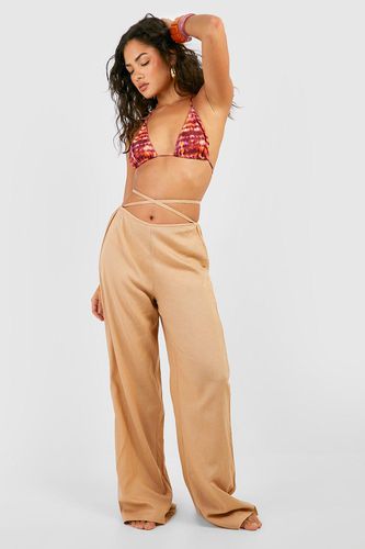 Womens Strap Detail Linen Look Beach Trousers - - M - boohoo - Modalova
