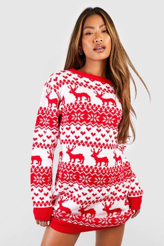 Womens Hearts And Reindeer Fairisle Christmas Jumper Dress - - L - boohoo - Modalova