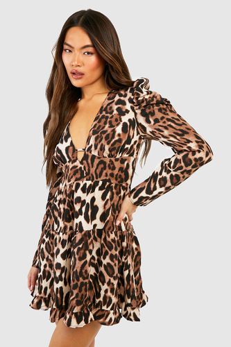 Womens Leopard Puff Sleeve Smock Dress - - 10 - boohoo - Modalova