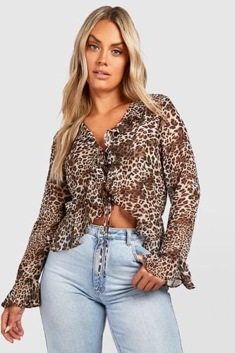 Womens Plus Leopard Print Tie Front Ruffle Hem Blouse - - 18 - boohoo - Modalova