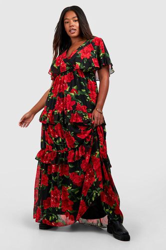 Womens Plus Rose Print Ed Ruffle Angel Sleeve Maxi Dress - - 18 - boohoo - Modalova