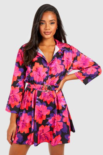 Womens Floral Print Belted Shirt Dress - - 10 - boohoo - Modalova