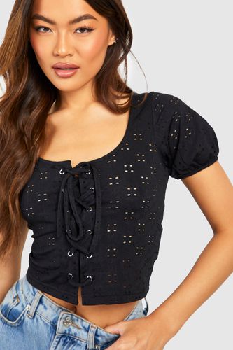 Womens Woven Broderie Lace Up Top - - XS - boohoo - Modalova