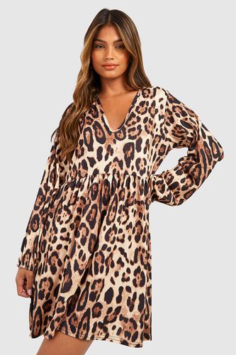 Womens Leopard Print Smock Dress - - 10 - boohoo - Modalova