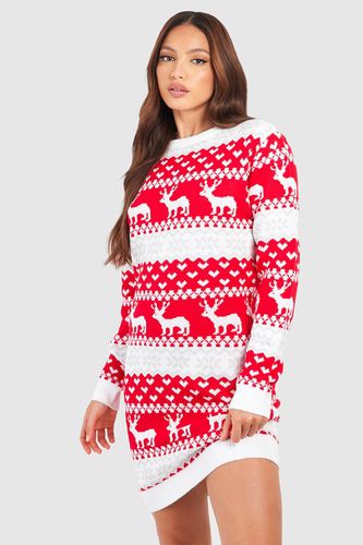 Womens Tall Hearts And Reindeer Fairisle Christmas Jumper Dress - - 12 - boohoo - Modalova