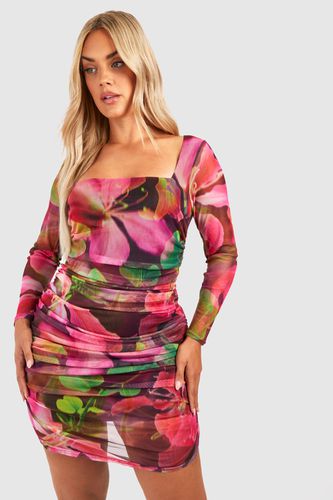 Womens Plus Abstract Floral Print Mesh Bodycon Dress - - 20 - boohoo - Modalova