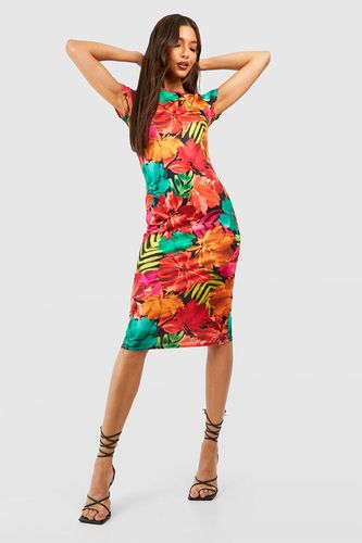 Womens Abstract Floral Cap Sleeve Bodycon Midi Dress - - 8 - boohoo - Modalova