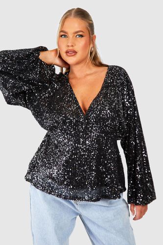 Womens Plus Sequin Blouson Sleeve Smock Top - - 28 - boohoo - Modalova