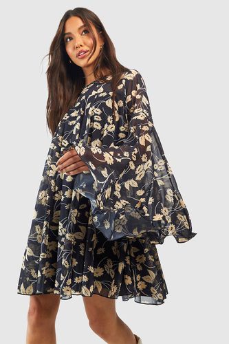 Womens Floral Print Flared Sleeve Smock Dress - - 8 - boohoo - Modalova