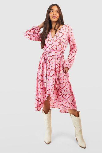 Womens Printed Long Sleeve Wrap Midi Dress - - 8 - boohoo - Modalova