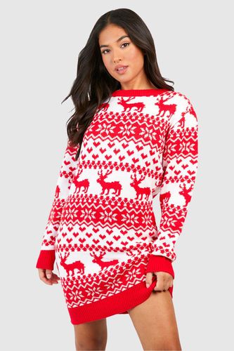 Womens Petite Hearts And Reindeer Fairisle Christmas Jumper Dress - - 6 - boohoo - Modalova