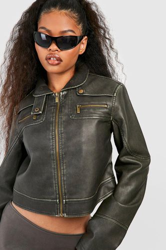 Womens Vintage Look Zip Detail Faux Leather Jacket - - 14 - boohoo - Modalova