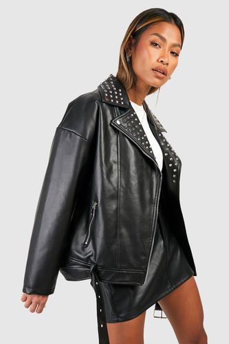 Womens Oversized Studded Faux Leather Biker Jacket - - 10 - boohoo - Modalova