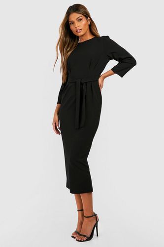 Womens Crepe Pleat Front 3/4 Sleeve Belted Midaxi Dress - - 14 - boohoo - Modalova