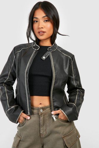 Womens Petite Vintage Look Moto Faux Leather Jacket - - 14 - boohoo - Modalova