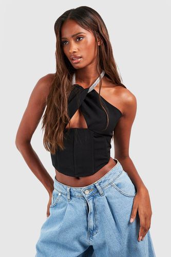 Womens Diamante Halter Cut Out Crop Top - - 14 - boohoo - Modalova