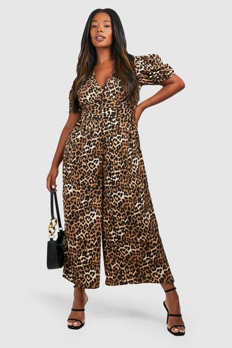 Womens Plus Woven Leopard Puff Sleeve Jumpsuit - - 18 - boohoo - Modalova