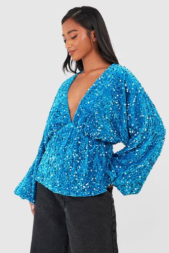 Womens Petite Velvet Sequin Volume Sleeve Peplum Top - - 6 - boohoo - Modalova