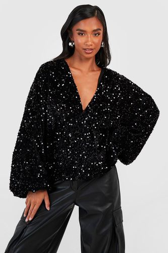 Womens Petite Velvet Sequin Volume Sleeve Peplum Top - - 12 - boohoo - Modalova