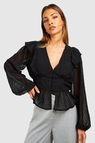 Womens Dobby Button Detail Long Sleeve Blouse - - 6 - boohoo - Modalova