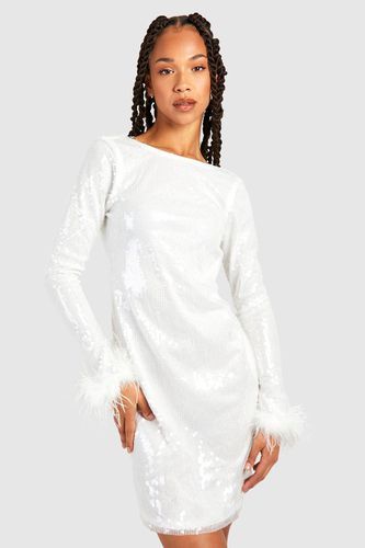 Womens Tall Sequin Fluffy Feather Trim Mini Dress - - 12 - boohoo - Modalova